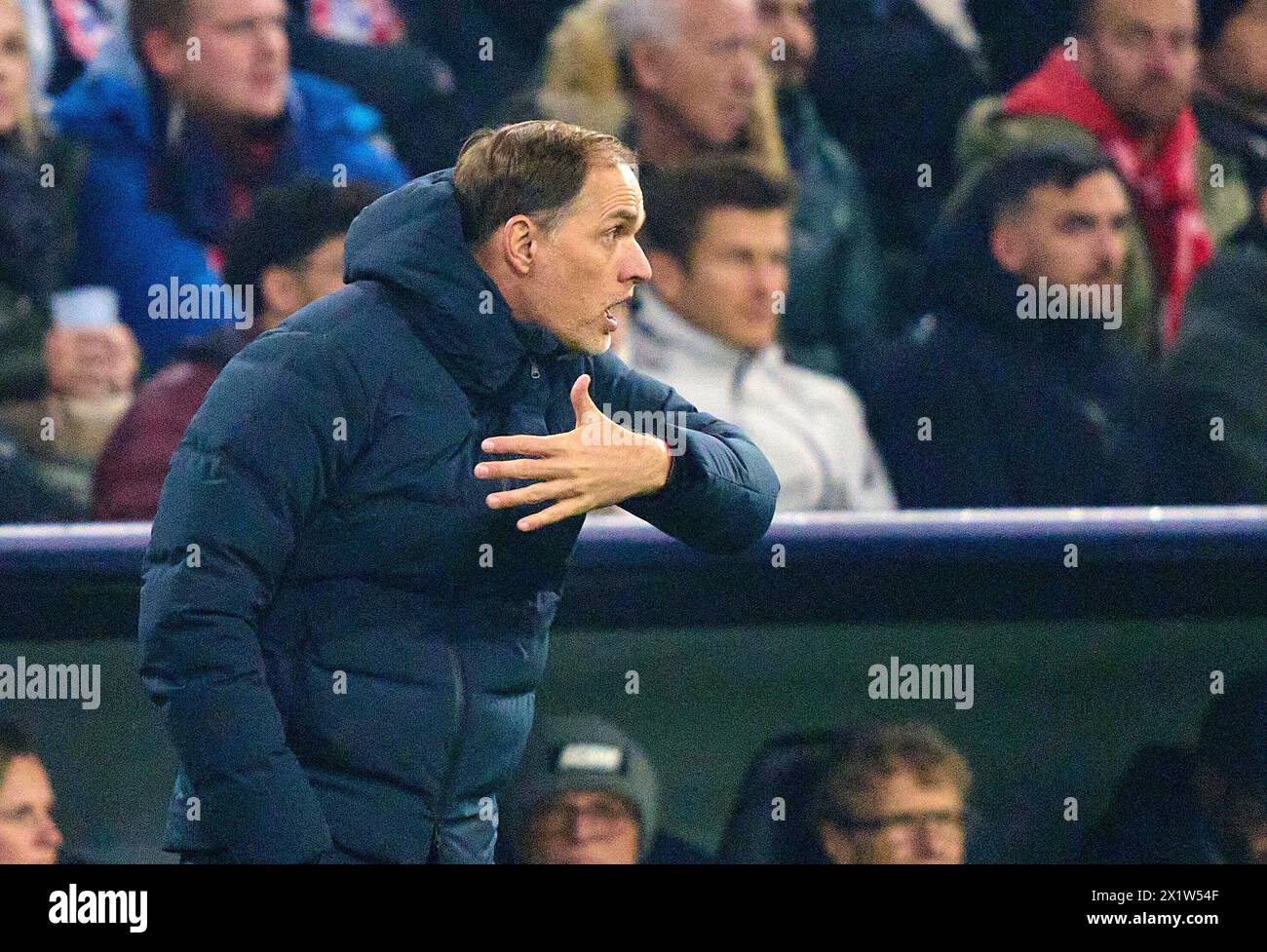 Trainer Thomas Tuchel (FCB), team manager, headcoach, coach,   in the quarter final match   FC BAYERN MUENCHEN - FC ARSENAL LONDON 1-0 of football UEFA Champions League in season 2023/2024 in Munich, Apr 17, 2024.  Viertelfinale,, FCB, Muenchen Photographer: ddp images / star-images Stock Photo