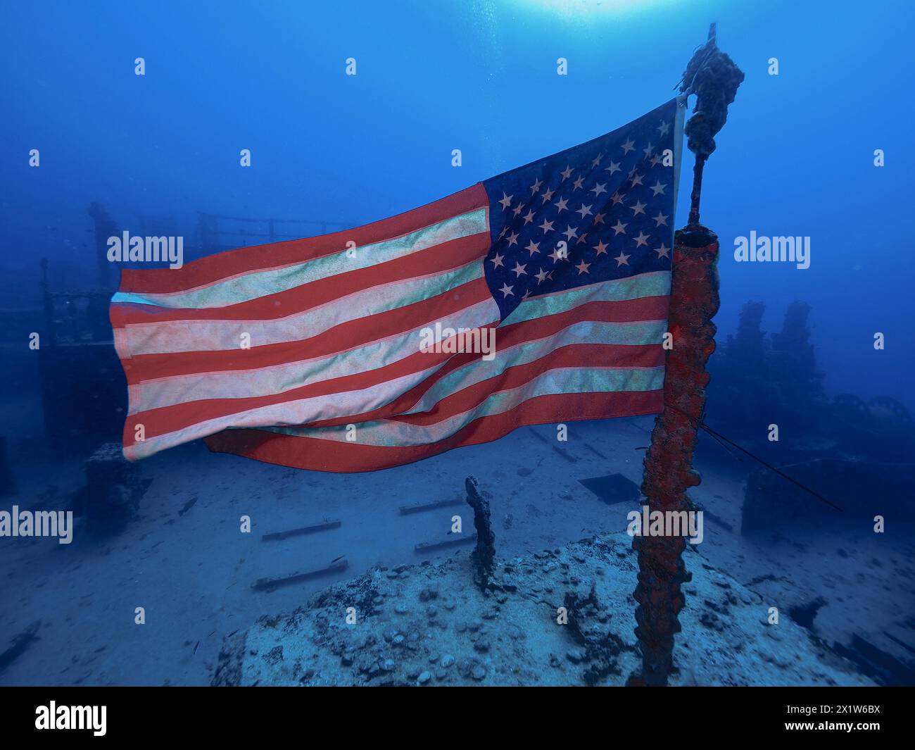 US flag waving in the current on the wreck of the USS Spiegel Grove, dive site John Pennekamp Coral Reef State Park, Key Largo, Florida Keys Stock Photo