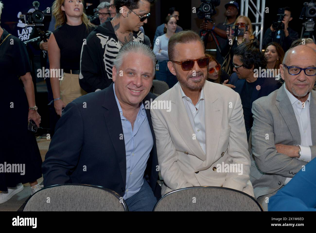 MIAMI, FLORIDA - APRIL 17: Nelson Albareda and Willy Chirino attend the 25th Annual Latin GRAMMY Awards® Official Announcement on April 17, 2024 in Miami, Florida.  (Photo by JL/Sipa USA) Stock Photo