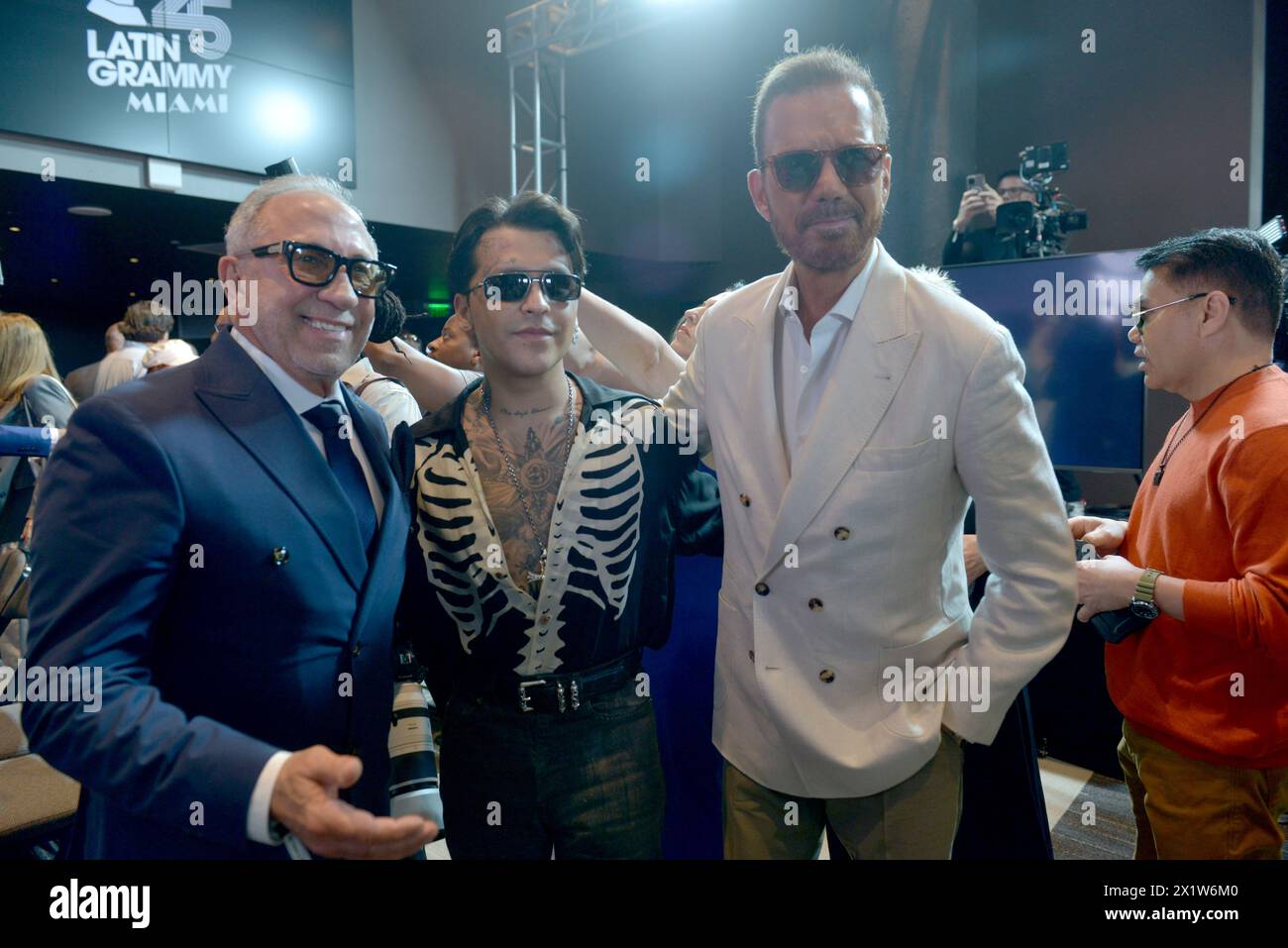 MIAMI, FLORIDA - APRIL 17: Emilio Estefan, Christian Nodal and Willy Chirino attend the 25th Annual Latin GRAMMY Awards® Official Announcement on April 17, 2024 in Miami, Florida.  (Photo by JL/Sipa USA) Stock Photo