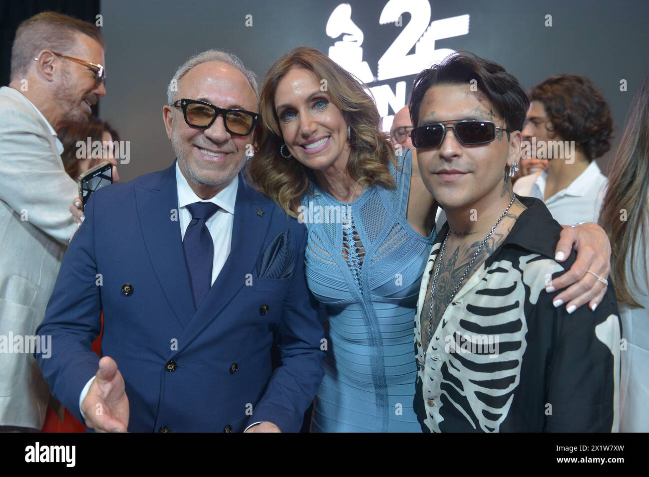 MIAMI, FLORIDA - APRIL 17: Willy Chirino, Emilio Estefan, Lili Estefan and Christian Nodal attend the 25th Annual Latin GRAMMY Awards® Official Announcement on April 17, 2024 in Miami, Florida.  (Photo by JL/Sipa USA) Stock Photo