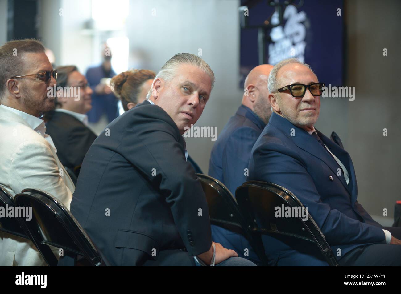 MIAMI, FLORIDA - APRIL 17: Willy Chirino, Nelson Albareda and Emilio Estefan attend the 25th Annual Latin GRAMMY Awards® Official Announcement on April 17, 2024 in Miami, Florida.  (Photo by JL/Sipa USA) Stock Photo