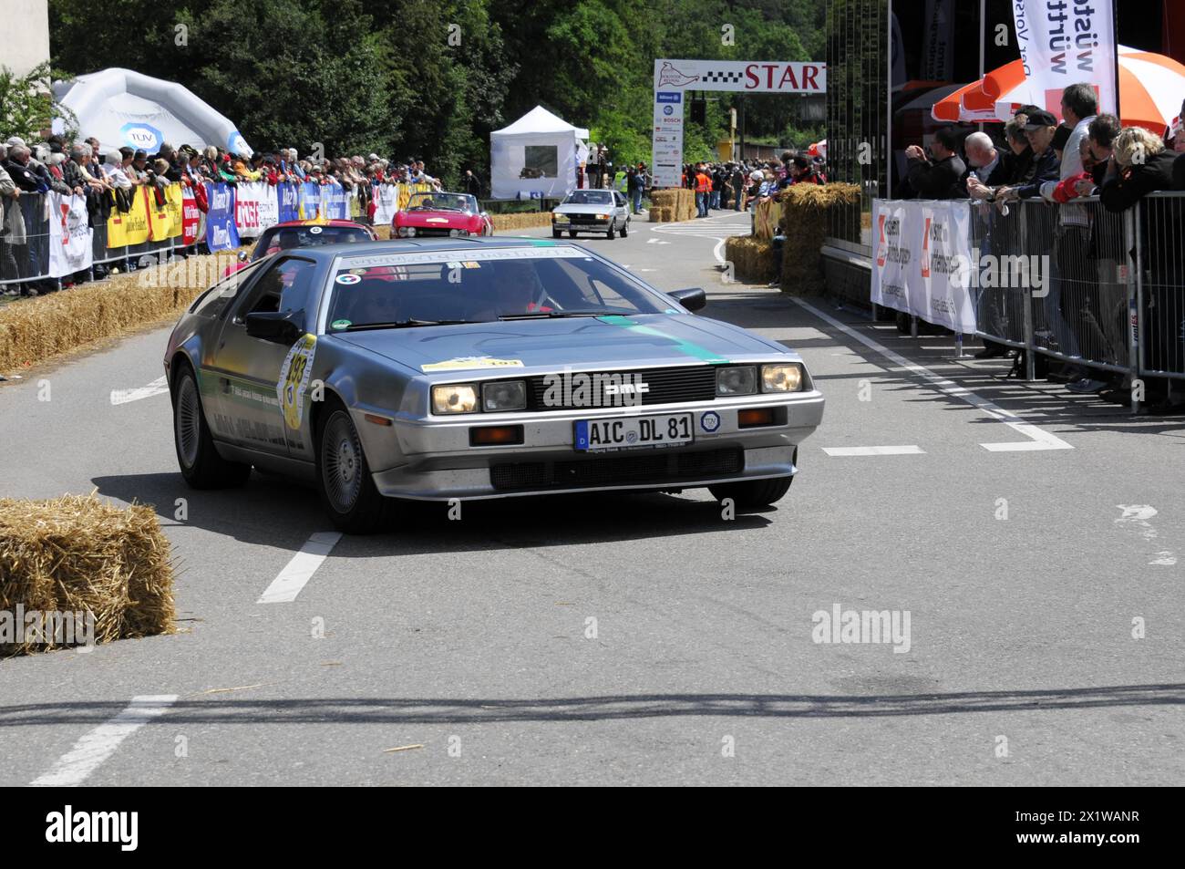 A silver DeLorean drives on a road during a classic car race, SOLITUDE REVIVAL 2011, Stuttgart, Baden-Wuerttemberg, Germany Stock Photo
