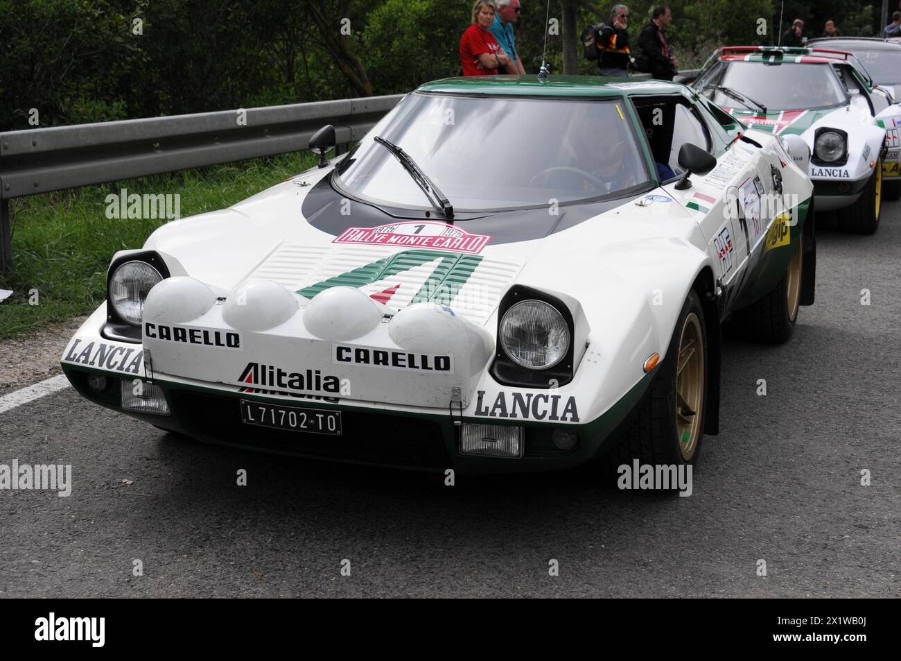 A white Lancia Stratos racing car with green stripes and red accents ready for a rally, SOLITUDE REVIVAL 2011, Stuttgart, Baden-Wuerttemberg, Germany Stock Photo