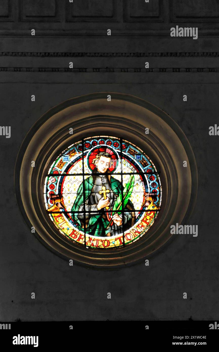 Modern church window, chapel, Castillo de Santa Catalina, Gothic castle in Jaen, Jaen province, A circular stained glass window depicting a figure Stock Photo
