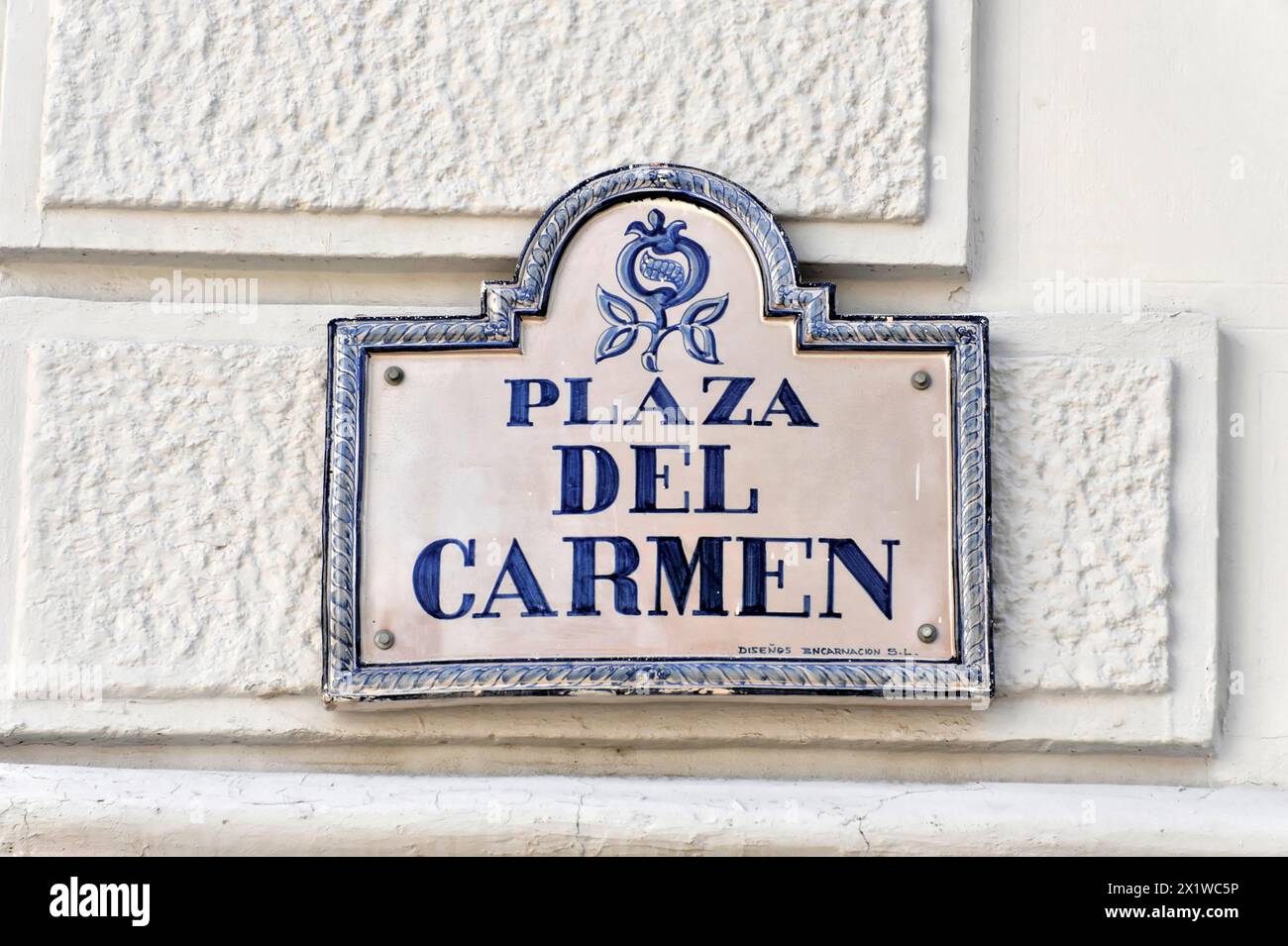 Granada, A blue bordered white street sign with the inscription Plaza del Carmen, Granada, Andalusia, Spain Stock Photo