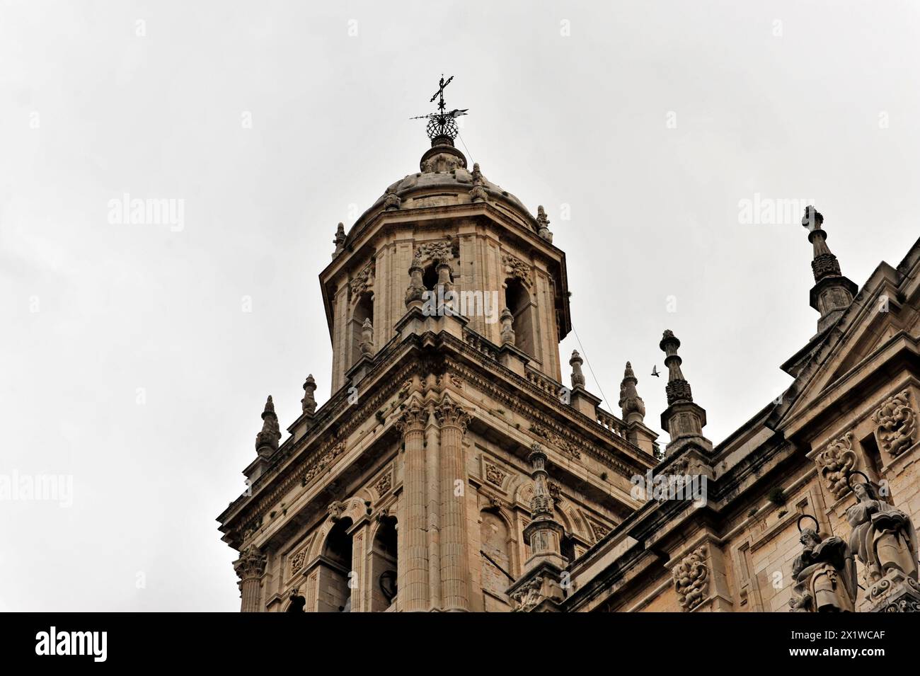 Jaen, Catedral de Jaen, Cathedral of Jaen from the 13th century, art epoch Renaissance, Jaen, detail of the baroque bell tower of a church in Stock Photo