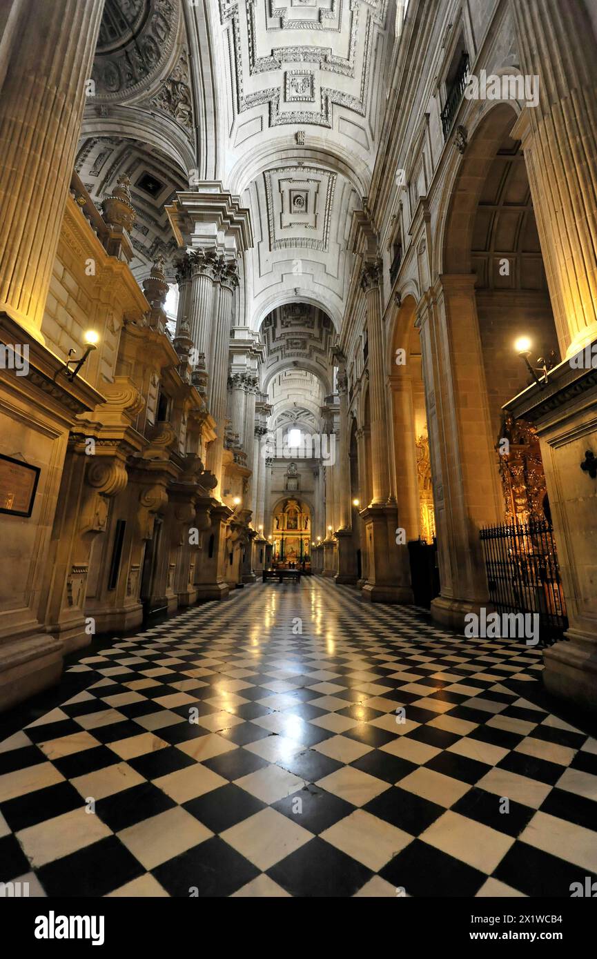 Jaen, Catedral de Jaen, Cathedral of Jaen from the 13th century, Renaissance art epoch, Jaen, Long aisle with columns and black and white floor Stock Photo