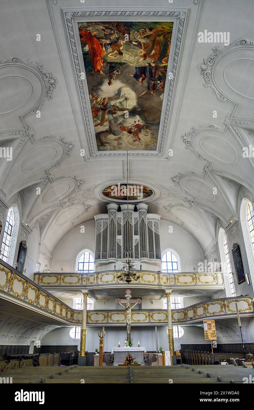 Organ loft and ceiling frescoes, Holy Trinity Church, Kaufbeuern, Allgaeu, Swabia, Bavaria, Germany Stock Photo