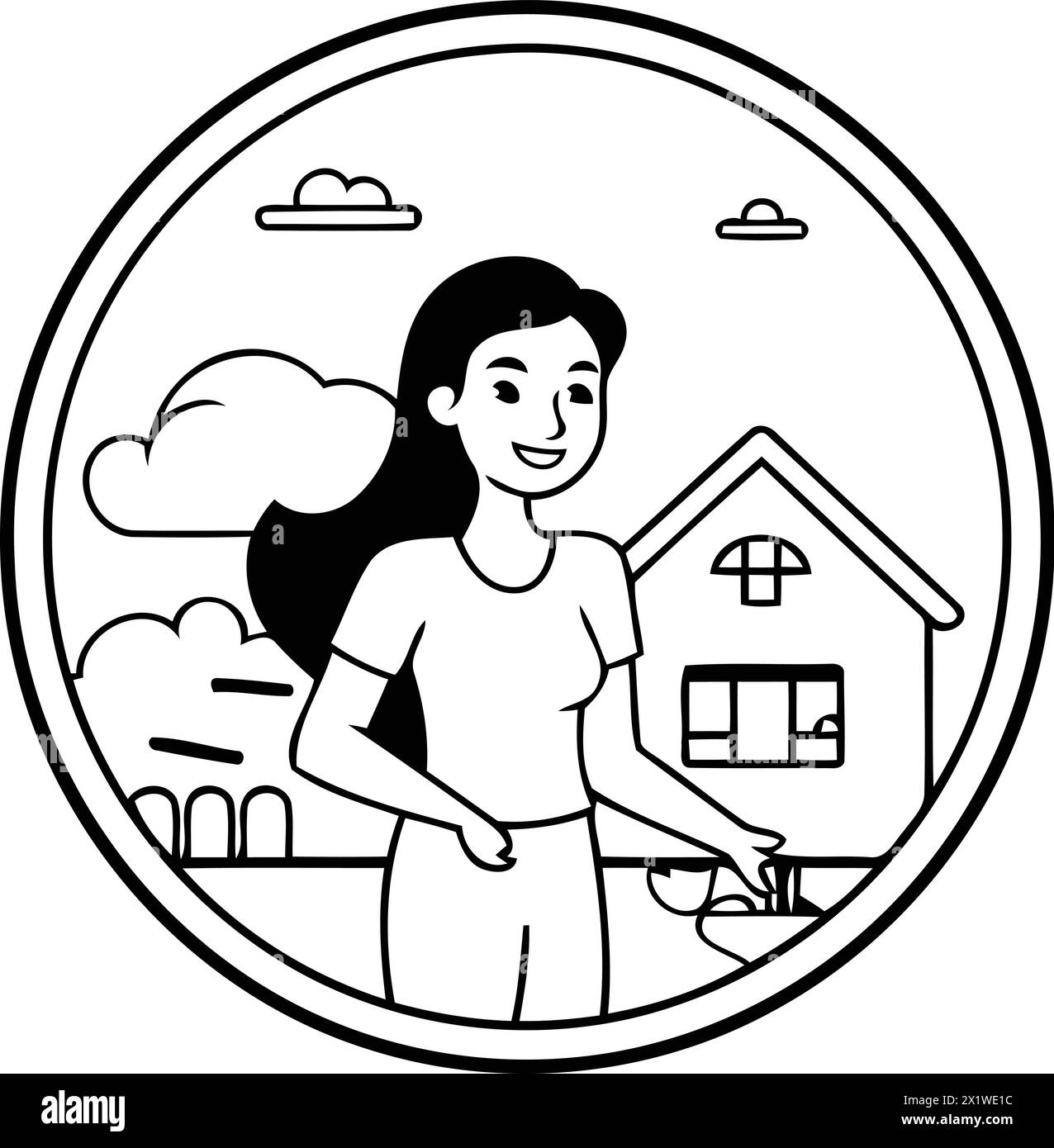 Vector illustration of a woman standing in front of a house in a circle ...