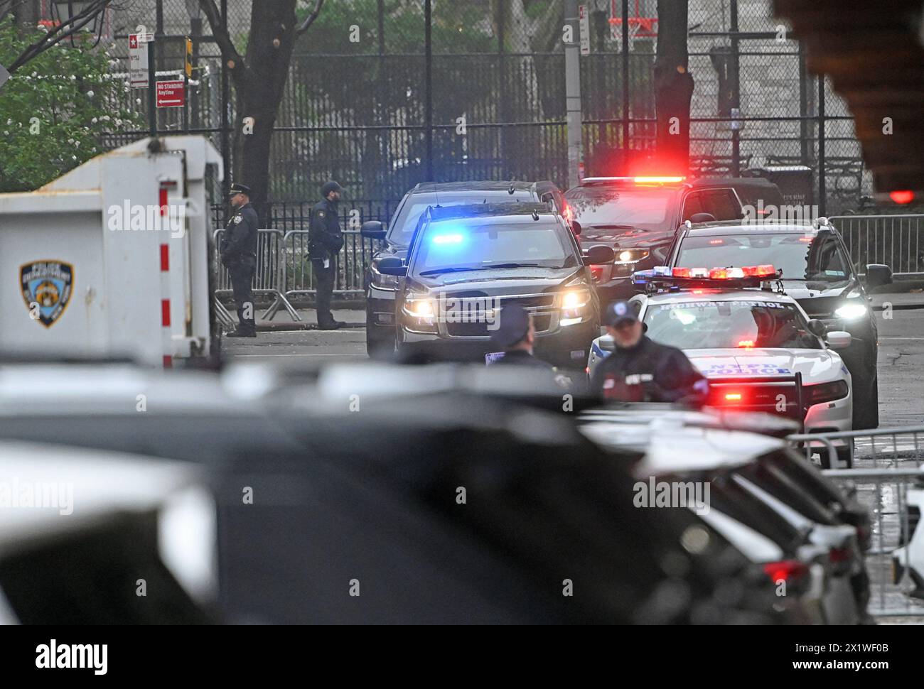New York, United States. 17th Apr, 2024. The motorcade carrying former United States President Donald Trump arrives at Manhattan criminal court on Thursday, April 18, 2024, in New York. Jury selection continued today in his criminal hush money trial accused of falsifying business records to hide his affair with adult film actress Stormy Daniels. Photo by Louis Lanzano/UPI Credit: UPI/Alamy Live News Stock Photo