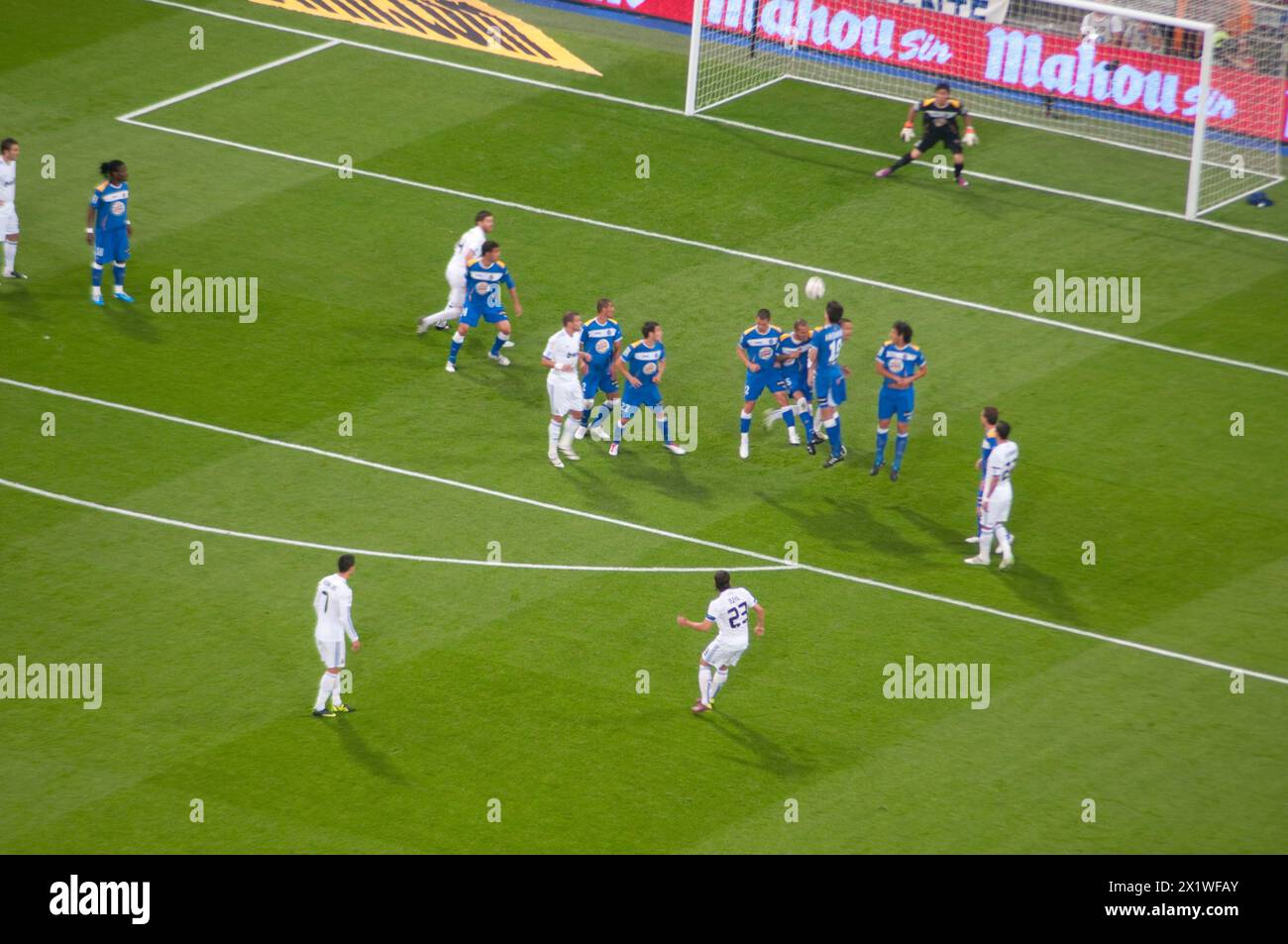 Free kick, Real Madrid-Getafe football match. Santiago Bernabeu Stadium, Madrid, Spain. Stock Photo