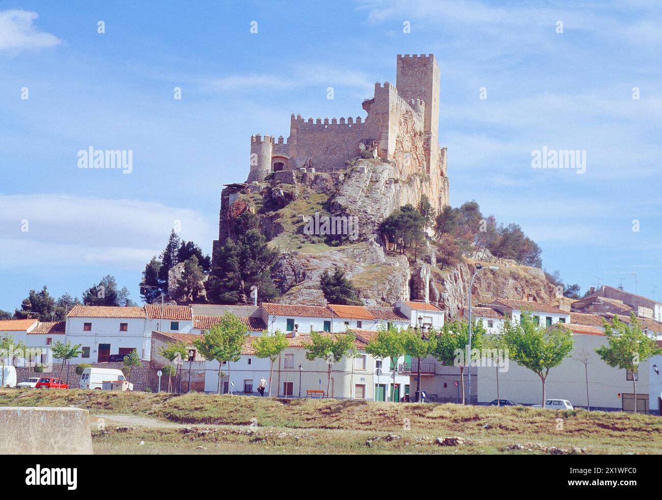 Castle and village. Almansa, Albacete province, Castilla La Mancha, Spain. Stock Photo