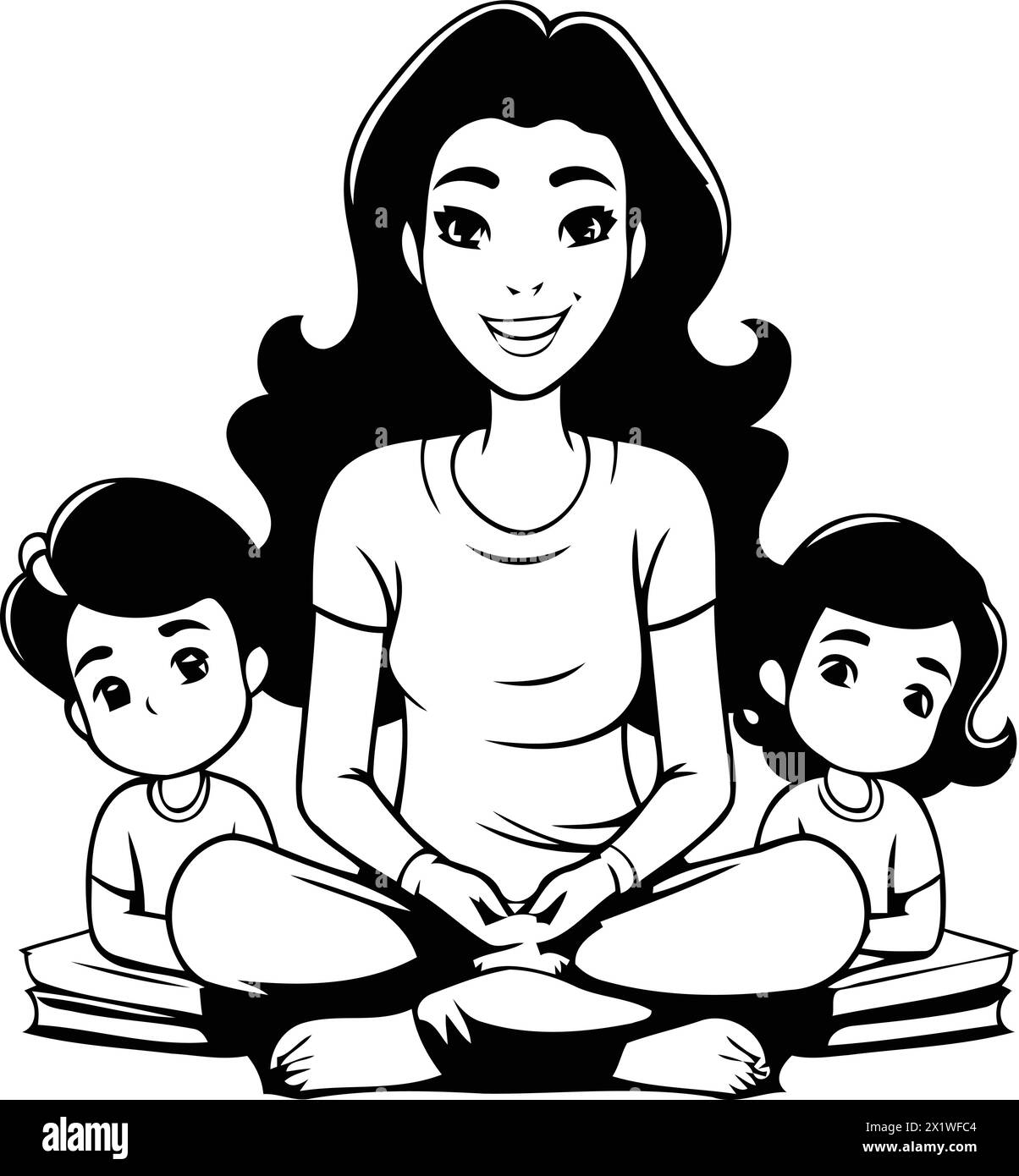Mother and her children sitting on the floor with books. Vector illustration. Stock Vector