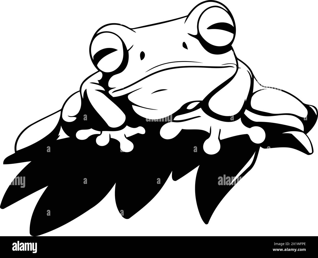 Cartoon green frog on a branch. Vector illustration isolated on white background. Stock Vector