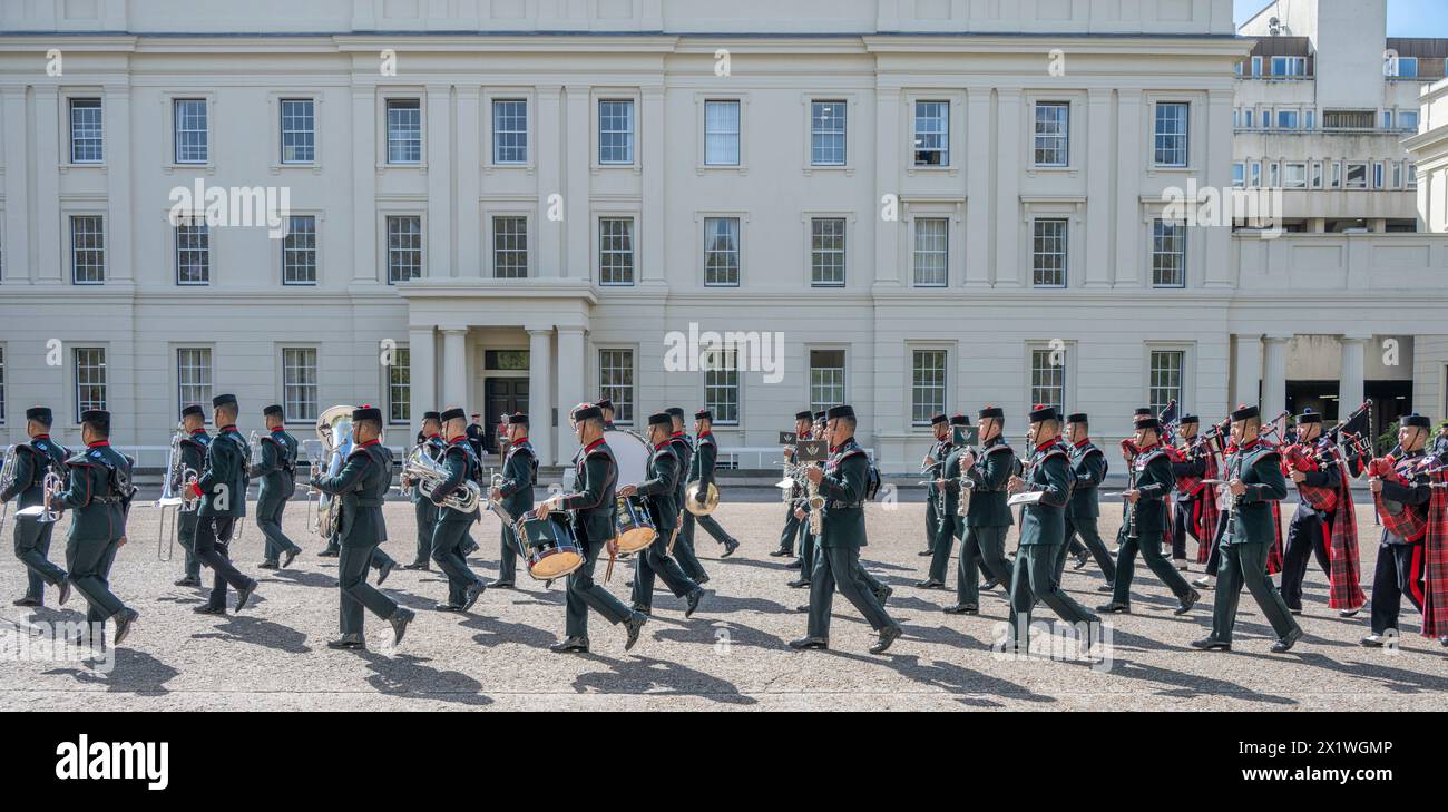 Wellington Barracks, London, UK. 18th Apr, 2024. The Queen's Gurkha Signals receive their Fit For Role Inspection to ensure they are ready to take up Ceremonial Public Duties guarding Buckingham Palace, the Tower of London, St James Palace, and Windsor Castle. Under guidance from the Household Division, they have undergone rigorous inspections and drill practice to raise them to the highest standard. They put everything they have learnt and rehearsed into practice as they face their Fit For Role Inspection on the Wellington Barracks Parade Ground inspected by the Brigade Major, Adjutant London Stock Photo