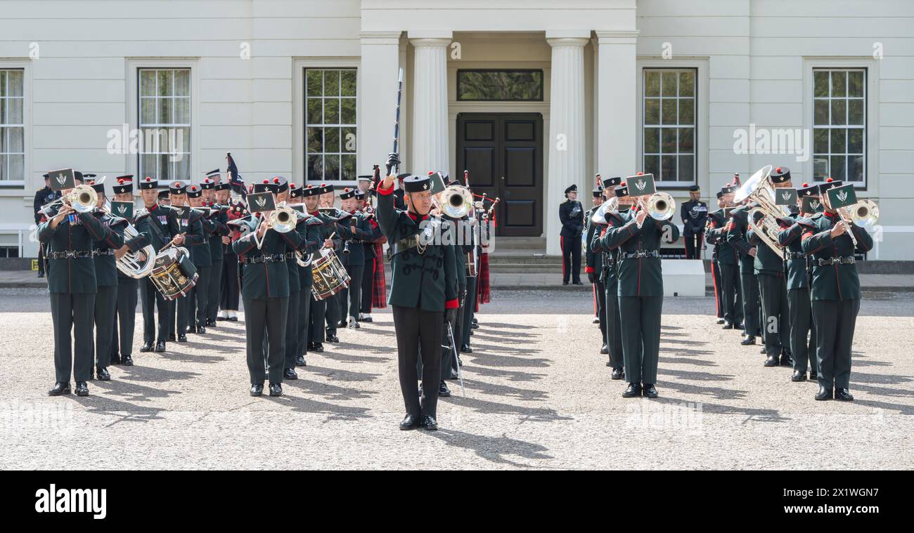 Wellington Barracks, London, UK. 18th Apr, 2024. The Queen's Gurkha Signals receive their Fit For Role Inspection to ensure they are ready to take up Ceremonial Public Duties guarding Buckingham Palace, the Tower of London, St James Palace, and Windsor Castle. Under guidance from the Household Division, they have undergone rigorous inspections and drill practice to raise them to the highest standard. They put everything they have learnt and rehearsed into practice as they face their Fit For Role Inspection on the Wellington Barracks Parade Ground inspected by the Brigade Major, Adjutant London Stock Photo