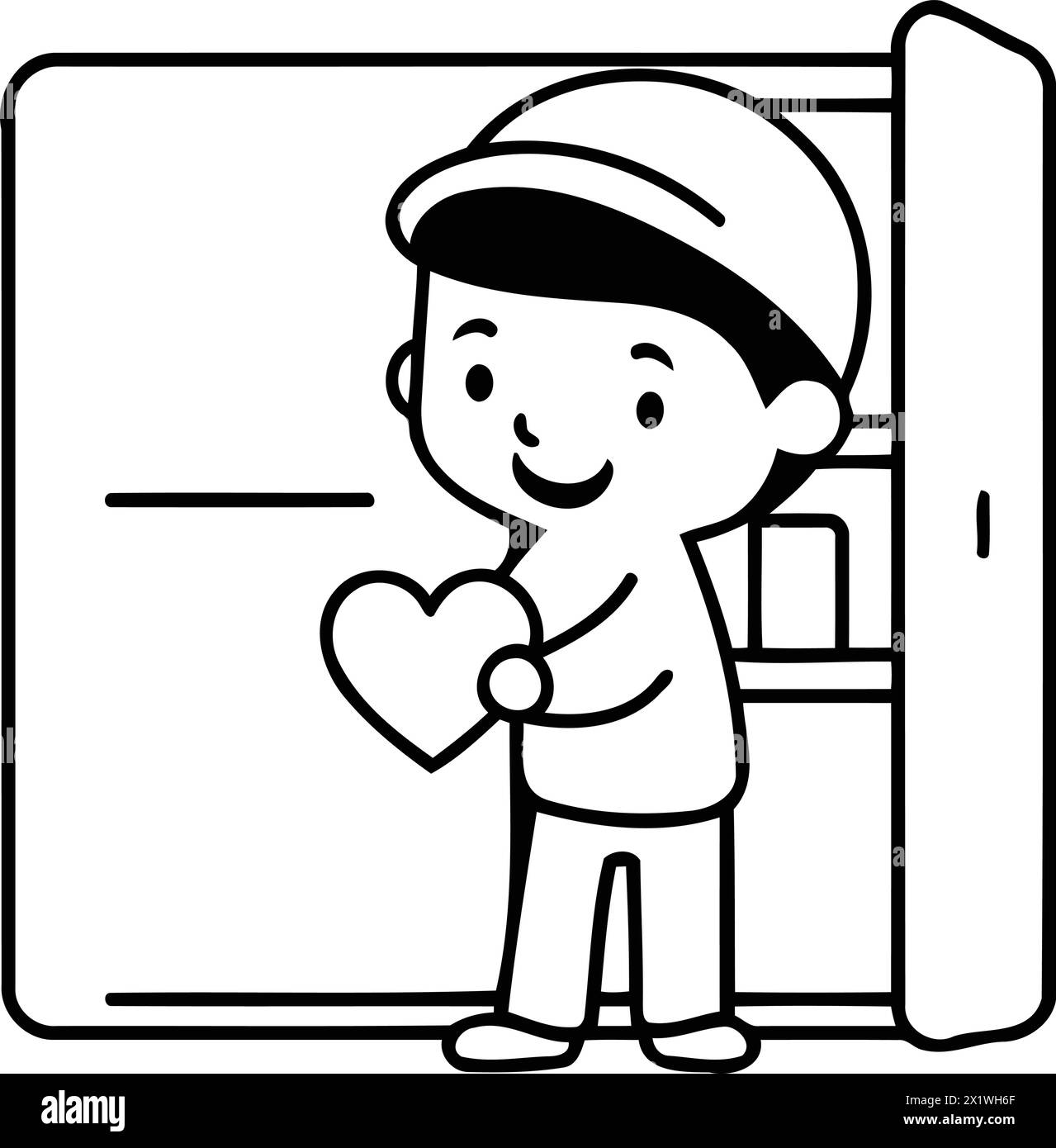 Cute little boy opening fridge and holding red heart. vector