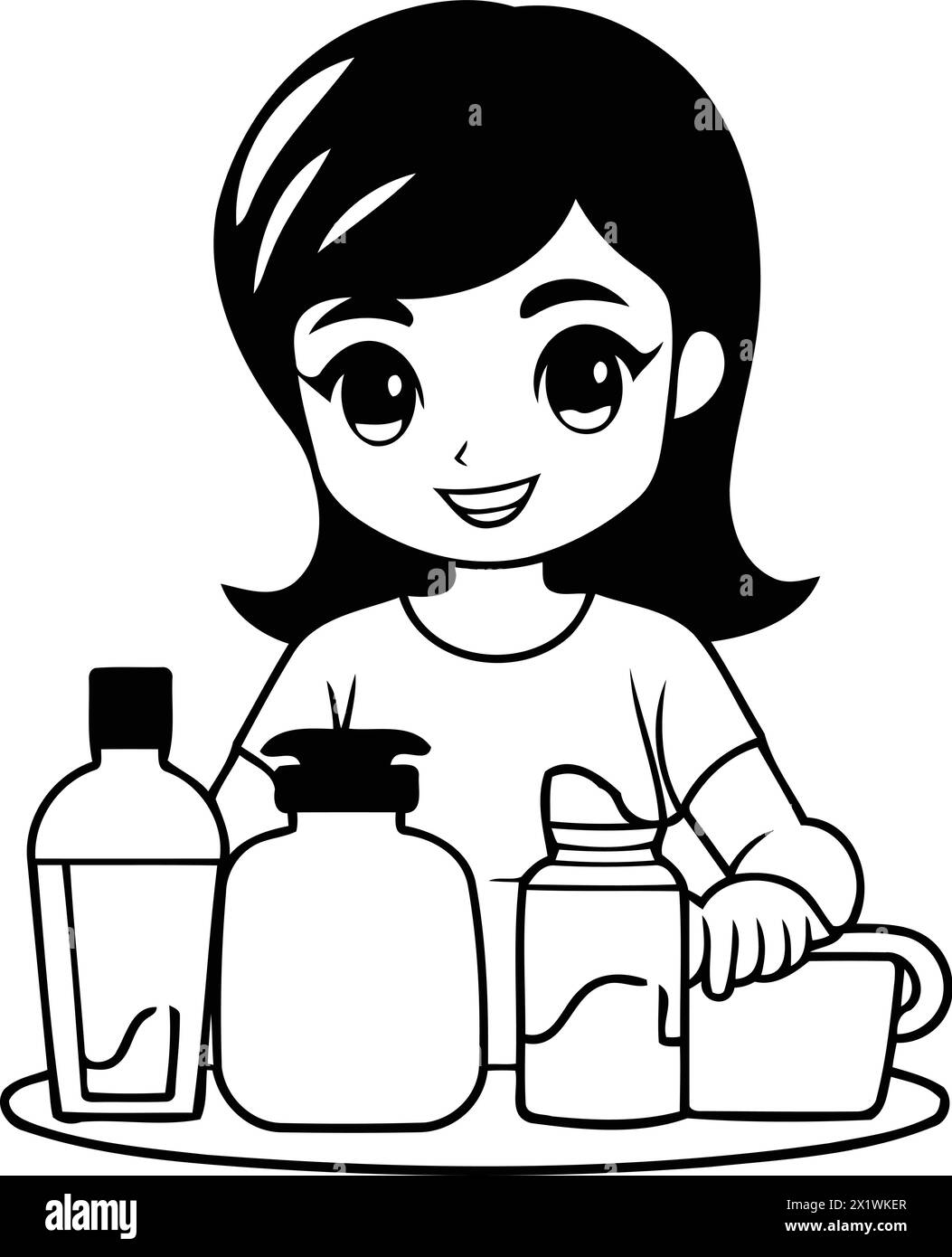 Cute little girl washing hands with soap. Vector cartoon illustration. Stock Vector