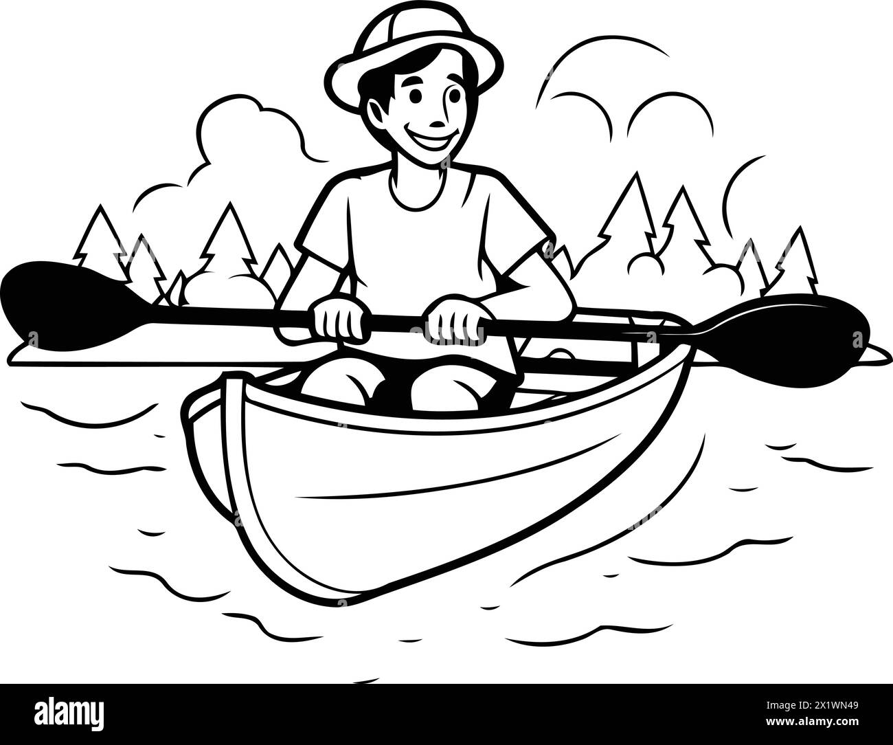 Man Rowing A Boat On The River. Vector Illustration In Cartoon Style 