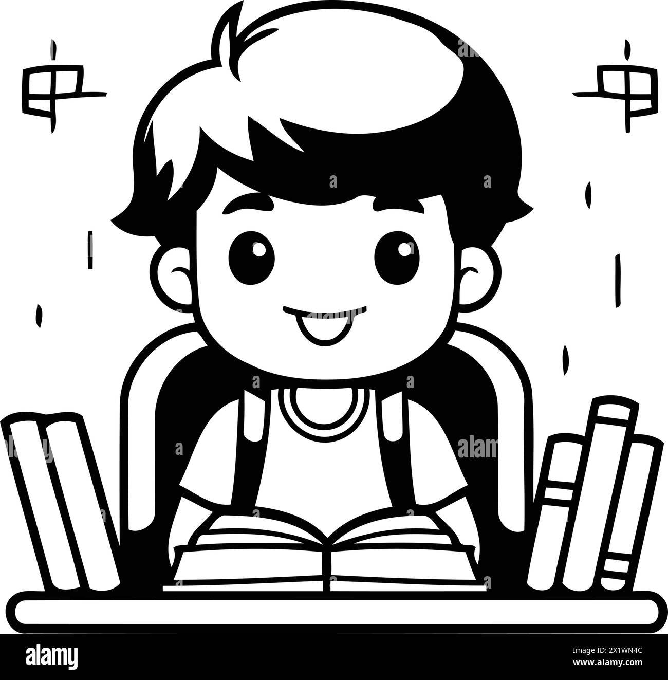 Cute little school boy sitting at the desk. Vector illustration. Stock Vector