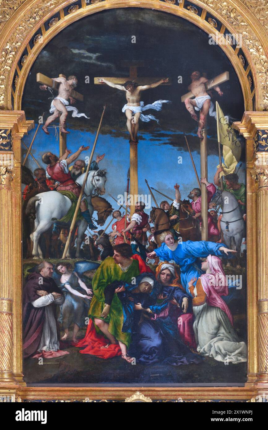 Crucifixion by Lorenzo Lotto. Church of Santa Maria In Telusiano. Monte San Giusto. Marche. Italy Stock Photo