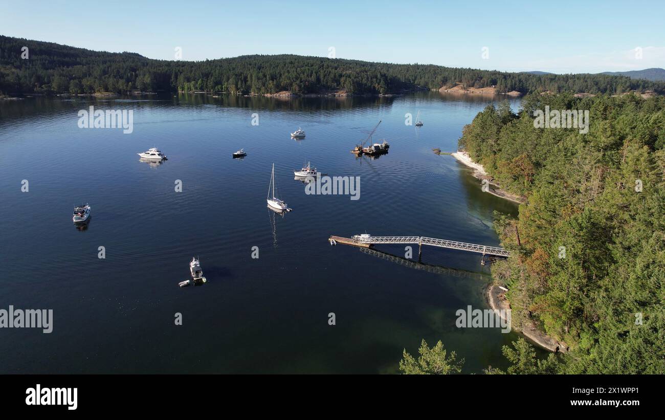 Aerial photo of the anchorage at Russell Island, Gulf Islands National Park, British Columbia, Canada. Stock Photo