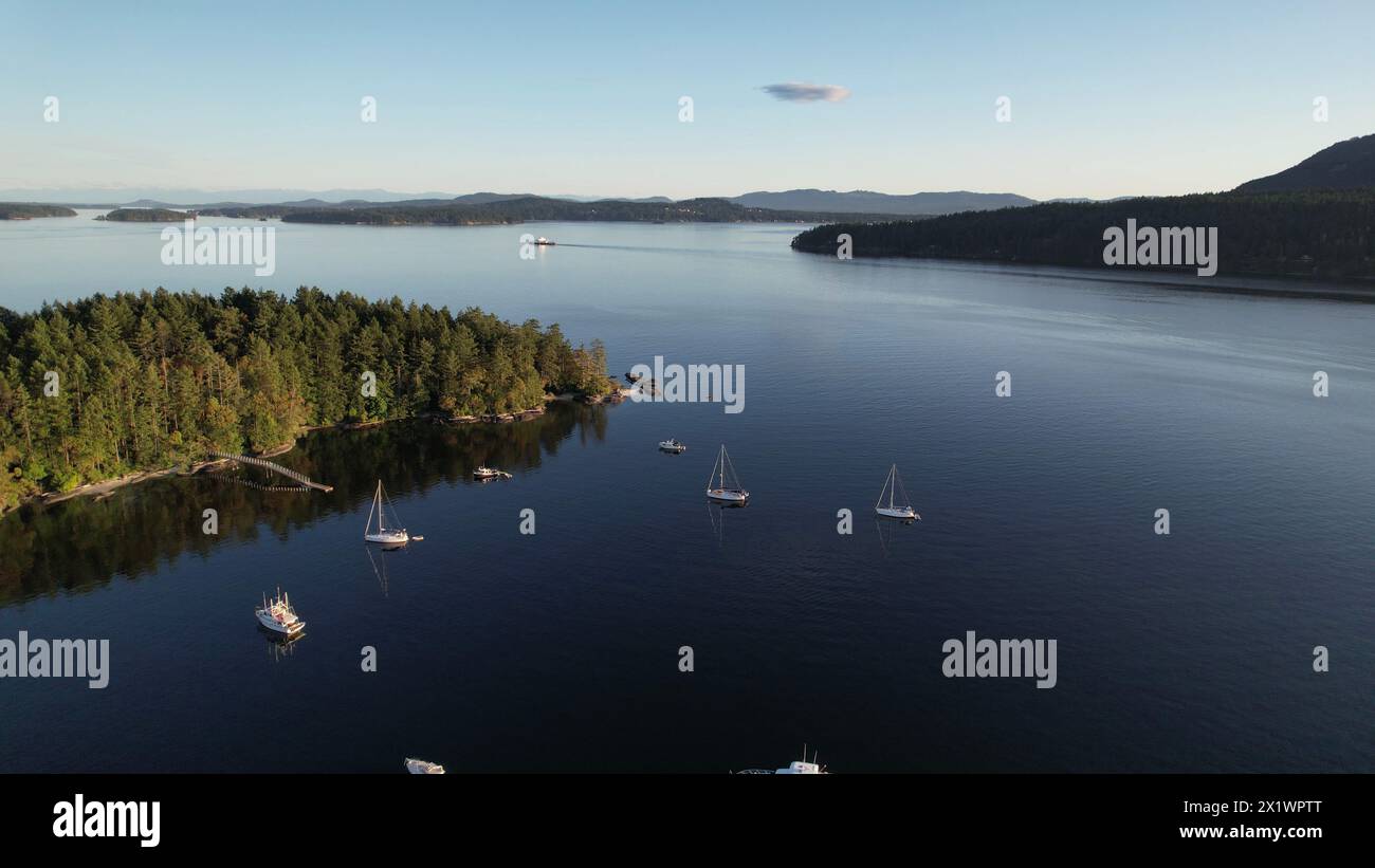 Aerial photo of the anchorage at Russell Island, Gulf Islands National Park, British Columbia, Canada. Stock Photo