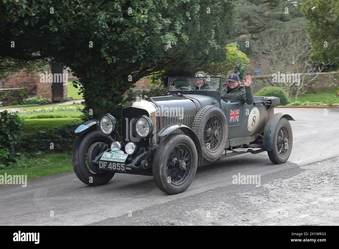 A 1928 Bentley 4.5 Le Mans departs Rose Castle in Dalston, Cumbria.  The car is taking part in the Flying Scotsman Rally, a free public-event. Stock Photo