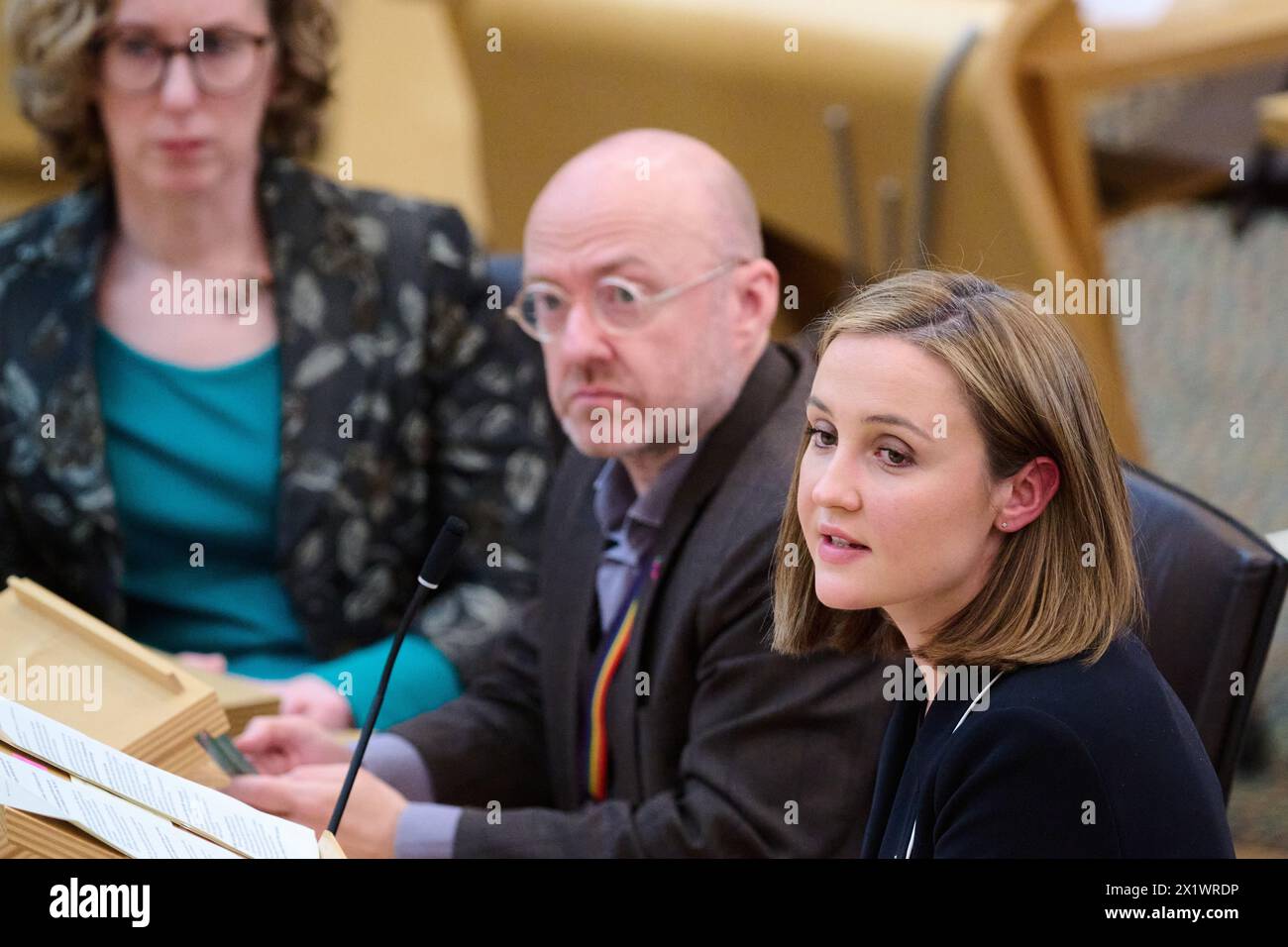 Edinburgh Scotland, UK 18 April 2024.  Cabinet Secretary for Wellbeing Economy, Net Zero and Energy Màiri McAllan MSP at the Scottish Parliament  for the Ministerial Statement, Climate Change Committee Scotland Report: Next Steps. credit sst/alamy live news Stock Photo