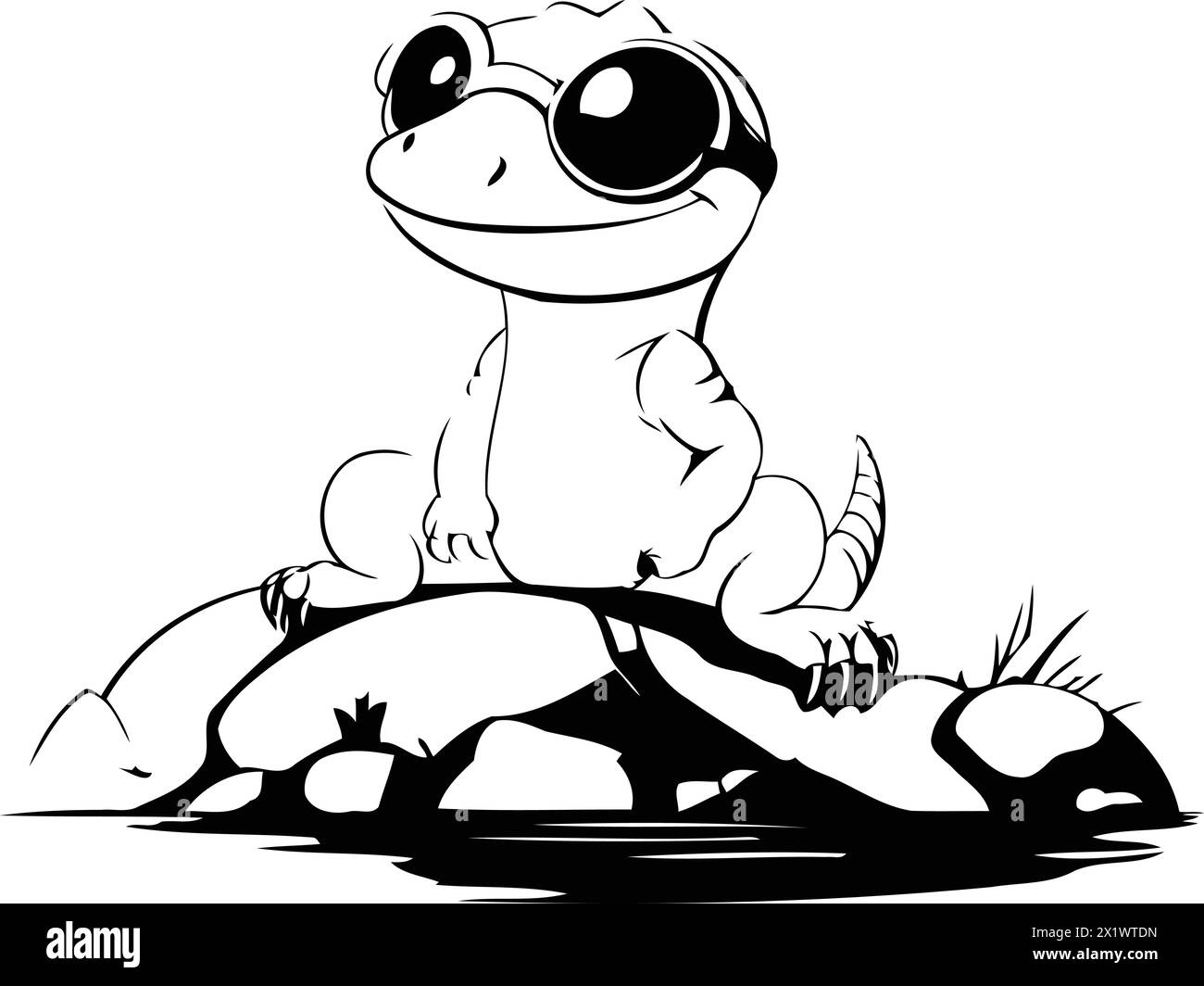 Cute little frog sitting on a rock. Cartoon vector illustration. Stock Vector