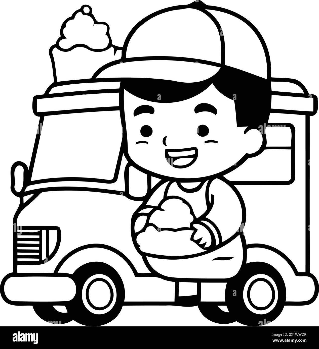 Cute boy with ice cream truck. Vector illustration in cartoon style. Stock Vector