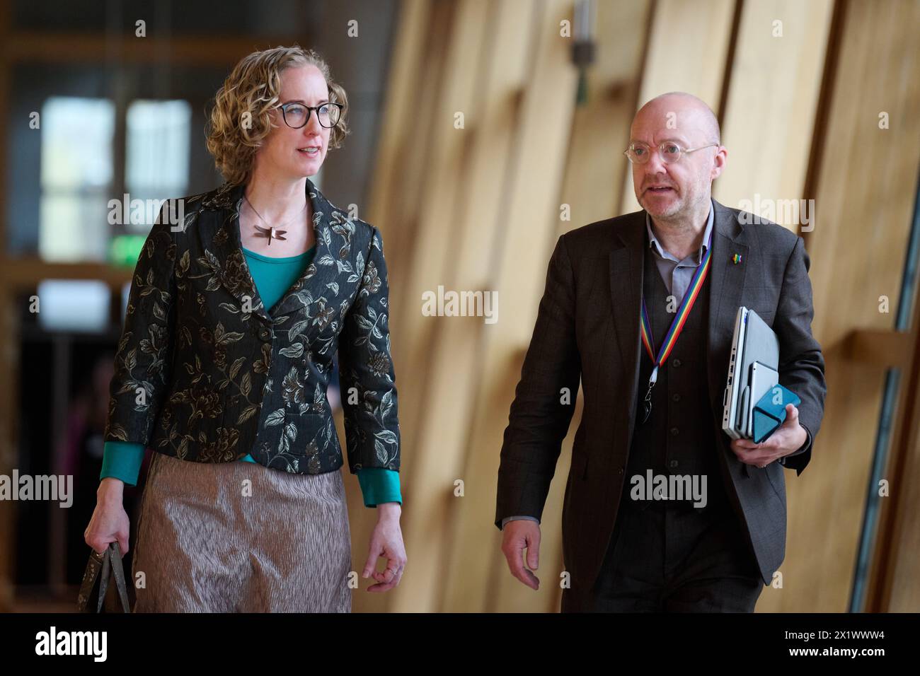 Edinburgh Scotland, UK 18 April 2024. Co-Leaders of the Scottish Green Party Lorna Slater MSP and Patrick Harvie MSP at the Scottish Parliament  on the day of the Ministerial Statement, Climate Change Committee Scotland Report: Next Steps.credit sst/alamy live news Stock Photo