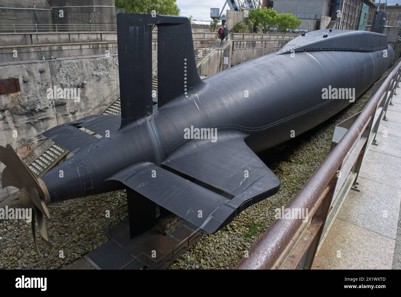 Cherbourg, France - Apr 16, 2024: The Le Redoutable-class submarine was a ballistic missile submarine class of the French Navy. Sunny spring day. Sele Stock Photo