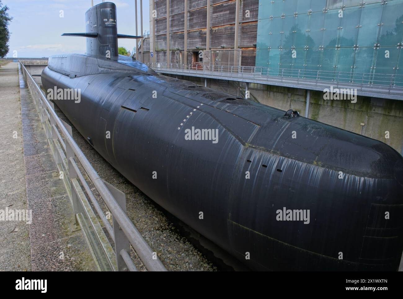 Cherbourg, France - Apr 16, 2024: The Le Redoutable-class submarine was a ballistic missile submarine class of the French Navy. Sunny spring day. Sele Stock Photo