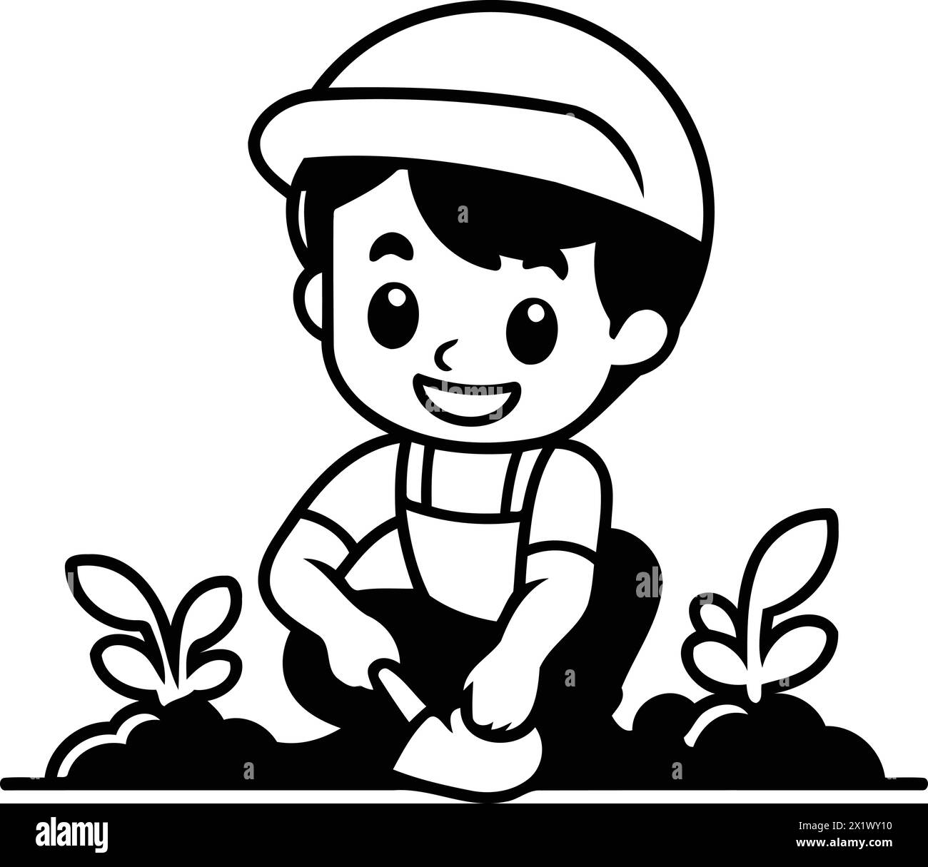 Cute little boy planting tree in the garden. Vector illustration Stock ...