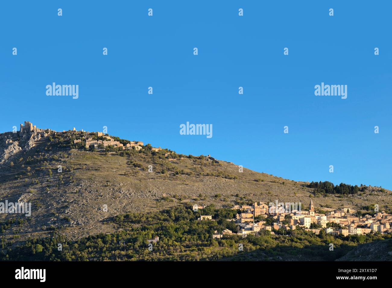 View of the Village and the Fortress. Calascio. Abruzzo. Italy Stock Photo