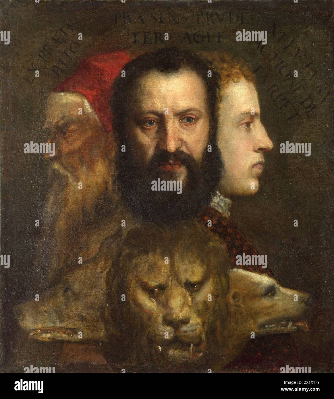 Titian, Allegory of Prudence (c.  1565–1570): The three human heads symbolise past, present and future, the characterisation of which is furthered by the triple-headed beast (wolf, lion, dog), girded by the body of a big snake. Stock Photo