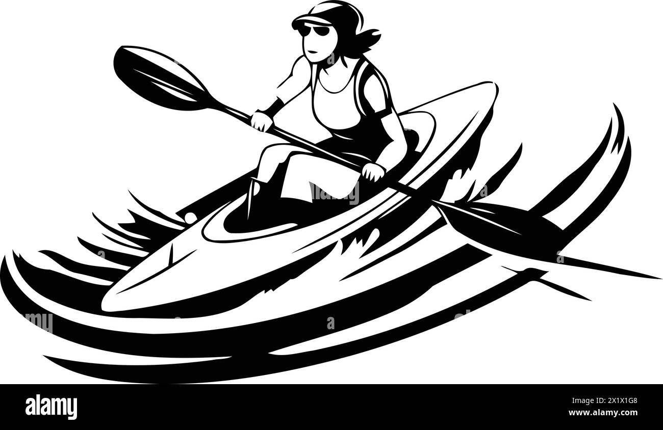 Kayaking woman in a kayak on the waves. Vector illustration Stock Vector