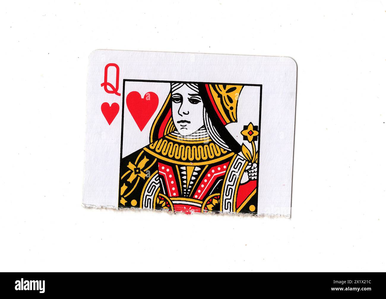 A torn half of a queen of hearts playing card on a white background ...