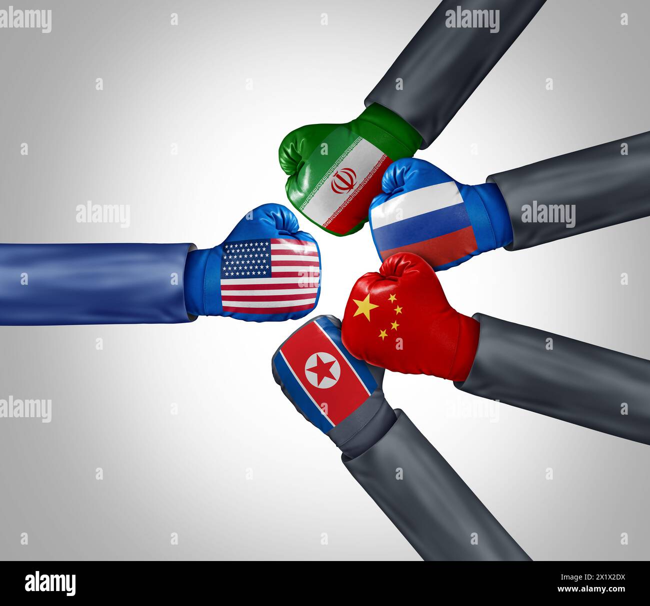 USA Versus Russia China North Korea And Iran as a strategic economic and political partnership and foreign policy alliance to compete with American go Stock Photo