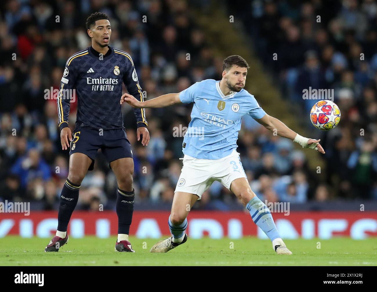 Etihad Stadium, Manchester, UK. 17th Apr, 2024. Champions League Football, Quarter Final, Manchester City versus Real Madrid; Ruben Dias of Manchester City competes for the ball Credit: Action Plus Sports/Alamy Live News Stock Photo