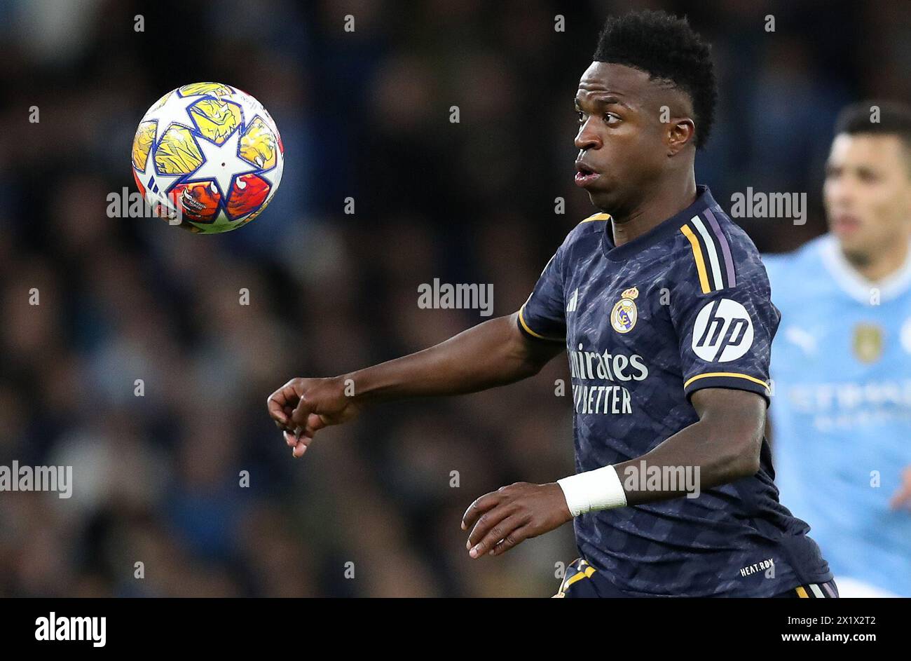 Etihad Stadium, Manchester, UK. 17th Apr, 2024. Champions League Football, Quarter Final, Manchester City versus Real Madrid;Vinicius Junior of Real Madrid races forward with the ball Credit: Action Plus Sports/Alamy Live News Stock Photo