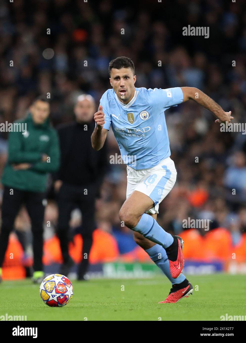 Etihad Stadium, Manchester, UK. 17th Apr, 2024. Champions League Football, Quarter Final, Manchester City versus Real Madrid; Rodri of Manchester City races forward with the ball Credit: Action Plus Sports/Alamy Live News Stock Photo
