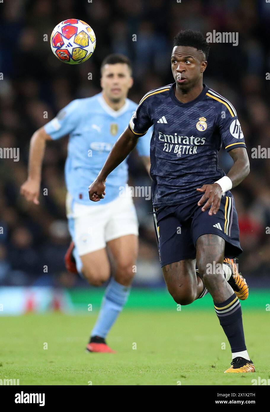 Etihad Stadium, Manchester, UK. 17th Apr, 2024. Champions League Football, Quarter Final, Manchester City versus Real Madrid; Vinicius Junior of Real Madrid races forward with the ball Credit: Action Plus Sports/Alamy Live News Stock Photo