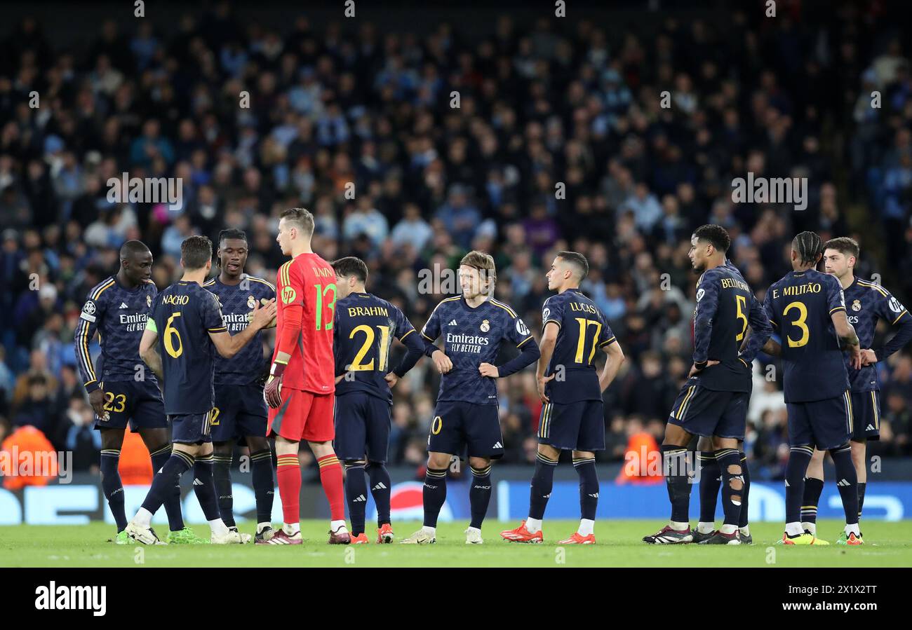 Etihad Stadium, Manchester, UK. 17th Apr, 2024. Champions League Football, Quarter Final, Manchester City versus Real Madrid; Real Madrid players prepare for the penalty shootout Credit: Action Plus Sports/Alamy Live News Stock Photo