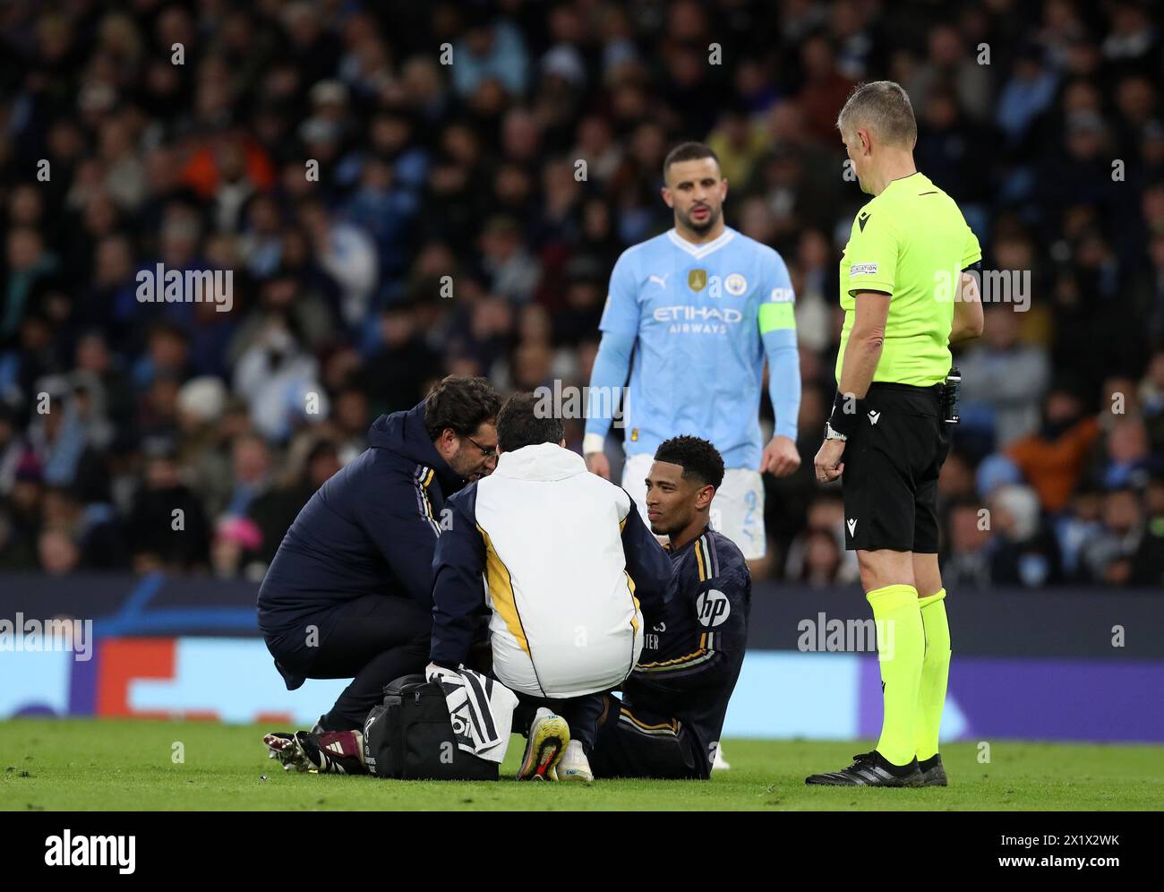 Etihad Stadium, Manchester, UK. 17th Apr, 2024. Champions League Football, Quarter Final, Manchester City versus Real Madrid; Jude Bellingham of Real Madrid receives treatment Credit: Action Plus Sports/Alamy Live News Stock Photo