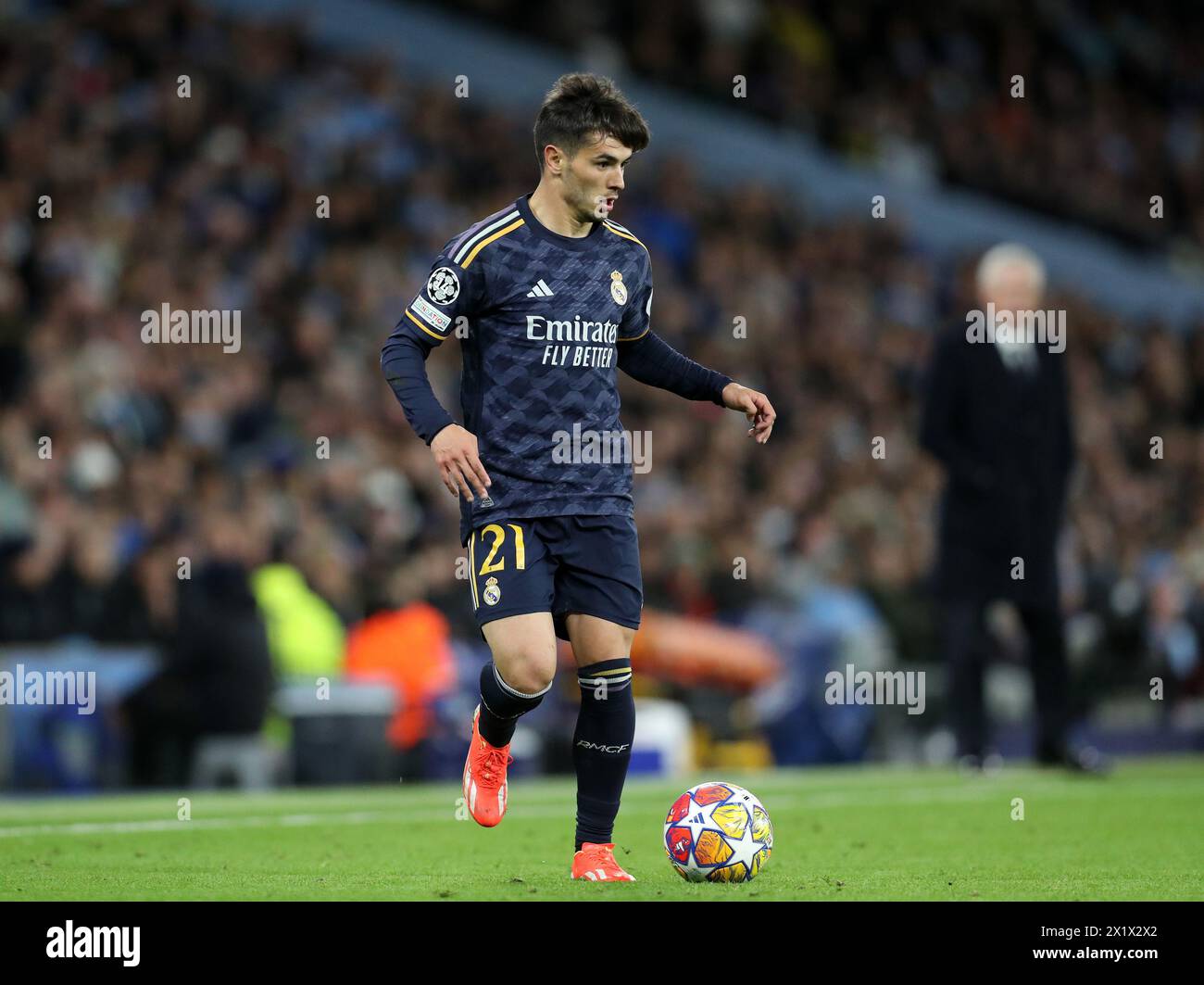 Etihad Stadium, Manchester, UK. 17th Apr, 2024. Champions League Football, Quarter Final, Manchester City versus Real Madrid; Brahim Diaz of Real Madrid runs with the ball Credit: Action Plus Sports/Alamy Live News Stock Photo