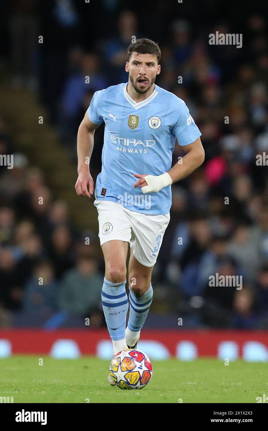 Etihad Stadium, Manchester, UK. 17th Apr, 2024. Champions League Football, Quarter Final, Manchester City versus Real Madrid; Ruben Dias of Manchester City runs with the ball Credit: Action Plus Sports/Alamy Live News Stock Photo