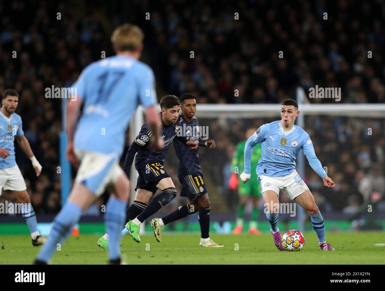 Etihad Stadium, Manchester, UK. 17th Apr, 2024. Champions League Football, Quarter Final, Manchester City versus Real Madrid; Phil Foden of Manchester City controls the ball Credit: Action Plus Sports/Alamy Live News Stock Photo